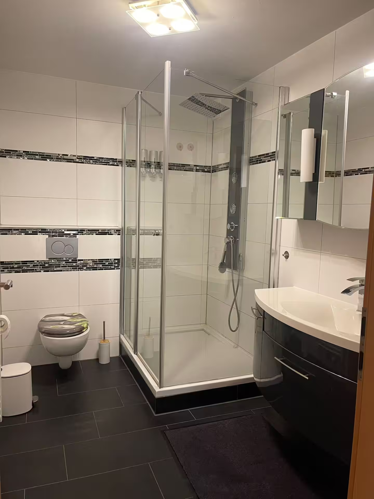 Badezimmer mit Dusche, Waschbecken, WC und Spiegelschrank